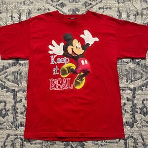Y2K Disney Mickey "Keep It Real" Comedy Graphic Red T Shirt XL 21 x 29.5